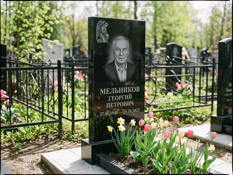 Памятник с гравировкой ангела — гравировка ангела с голубем по диагонали стелы, работа «Доронин» в Самаре