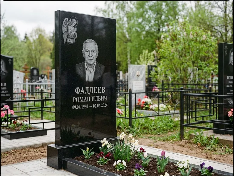 Памятник с гравировкой ангела — гравировка молящегося ангела в верхней части стелы, работа «Фаддеев» в Самаре