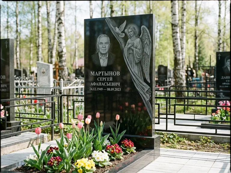Памятник с гравировкой ангела — гравировка двух ангелов по сторонам портрета, работа «Касаткин» в Самаре