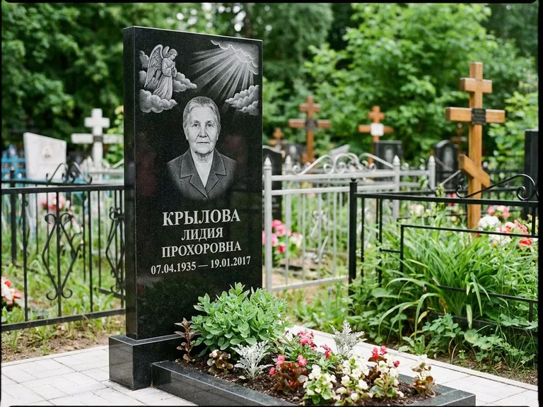 Памятник с гравировкой ангела — гравировка ангела в облаках с лучами над портретом, работа «Лобанова» в Самаре