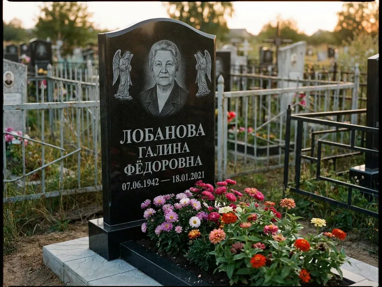 Памятник с гравировкой ангела — гравировка двух ангелов по сторонам портрета, работа «Лобанова» в Самаре