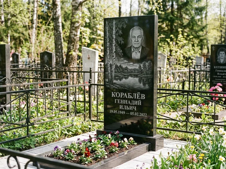 Памятник с гравировкой берёзы — гравировка берёзы у зеркального озера, работа «Кораблёв» в Самаре