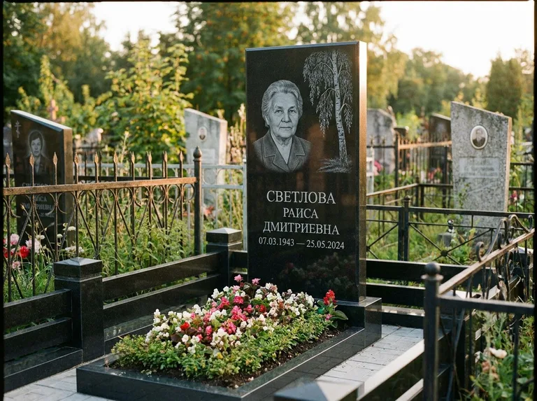 Памятник с гравировкой берёзы — гравировка плакучей берёзы с тонкими ветвями, работа «Светлова» в Самаре