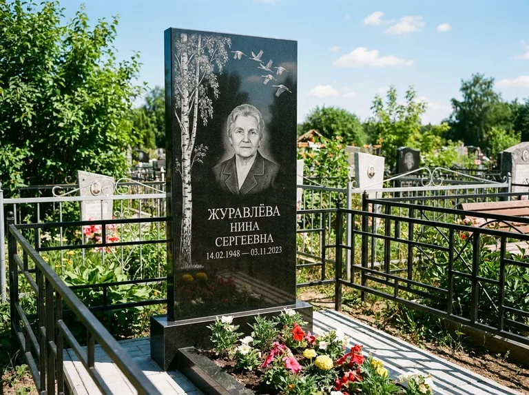 Памятник с гравировкой берёзы — гравировка берёзы с журавлиным клином в небе, работа «Журавлёва» в Самаре