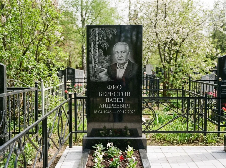 Памятник с гравировкой берёзы — гравировка берёзы у тропинки, уходящей вдаль, работа «Берестов» в Самаре