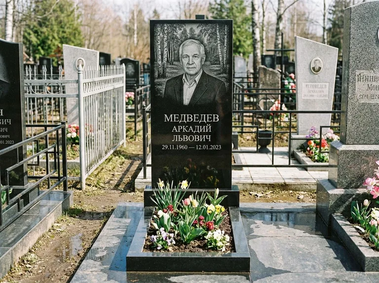 Памятник с гравировкой берёзы — гравировка берёзовой рощи в глубину, работа «Медведев» в Самаре