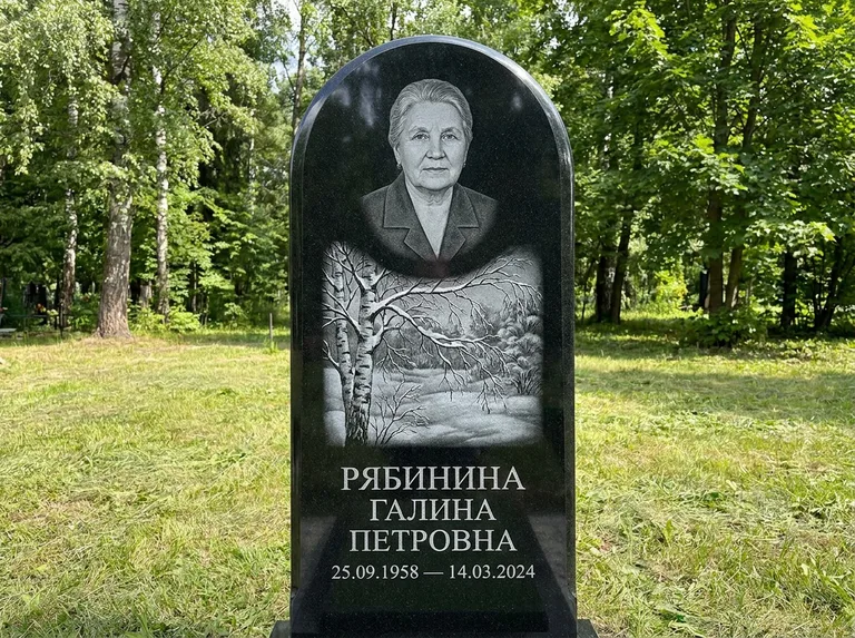 Памятник с гравировкой берёзы: стела с плавным арочным верхом — зимняя берёза, снег на ветвях, газон без ограды, стриженая трава, работа «Рябинина» в Самаре