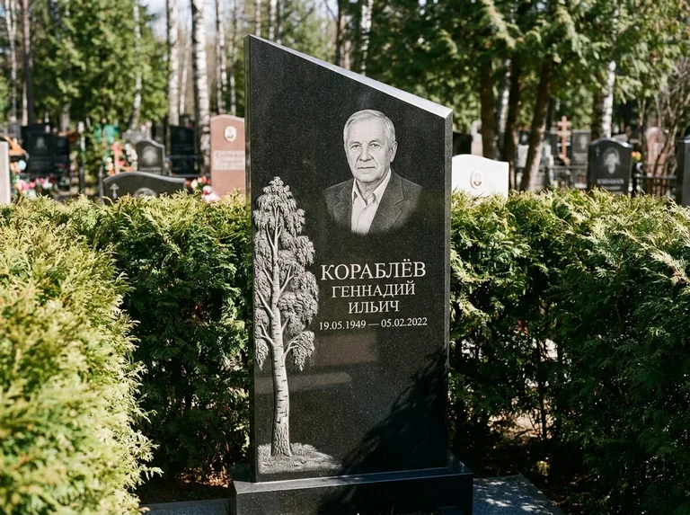 Памятник с гравировкой берёзы: асимметричная скошенная стела — объёмная одинокая берёза с фактурной корой, живая изгородь из туи, работа «Кораблёв» в Самаре