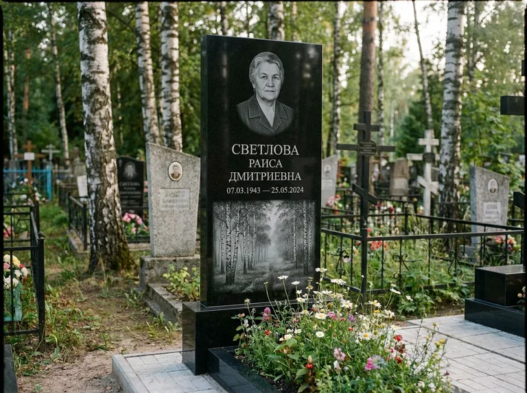 Памятник с гравировкой берёзы: двойная семейная стела — берёзовая роща в лёгкой дымке, цветник с полевыми цветами, работа «Светлова» в Самаре