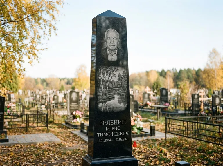 Памятник с гравировкой берёзы: гранёный обелиск-колонна — берёза у воды с отражением, открытый участок, мягкий свет, работа «Зеленин» в Самаре