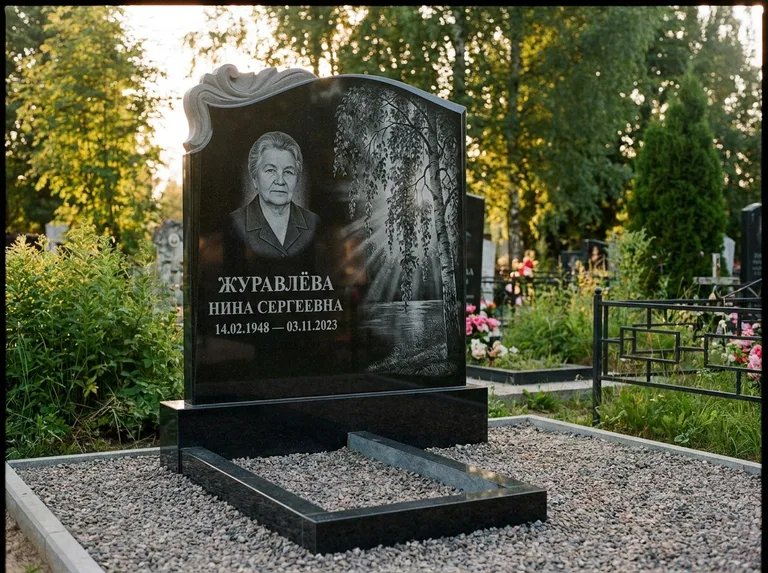Памятник с гравировкой берёзы: стела с фигурным резным верхом — плакучая берёза в контровом свете, гравийная отсыпка, рассвет, работа «Журавлёва» в Самаре