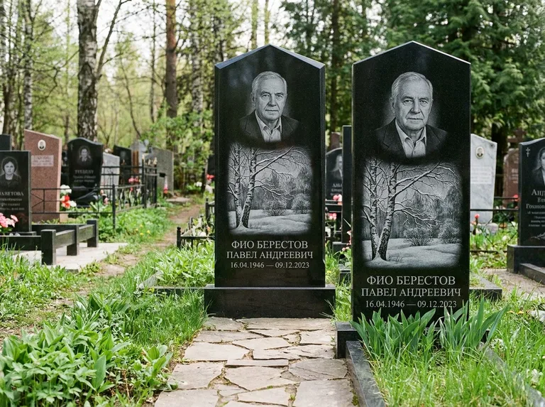 Памятник с гравировкой берёзы: массивная стела с двускатным навершием — зимняя берёза, снег на ветвях, дорожка из природного плитняка, работа «Берестов» в Самаре