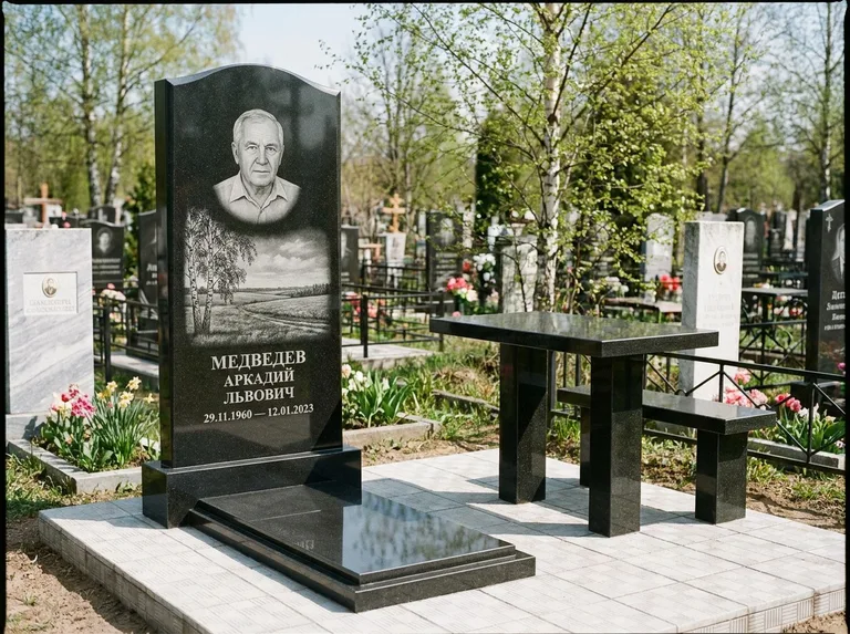 Памятник с гравировкой берёзы: стела с гранитным столиком и скамьёй — берёза у поля, простор до горизонта, семейный участок с плиткой, работа «Медведев» в Самаре