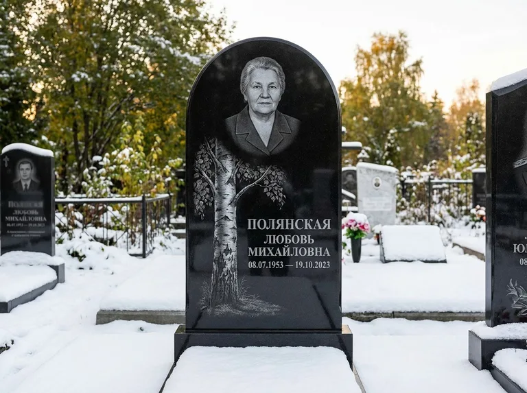 Памятник с гравировкой берёзы: полукруглая стела — объёмная одинокая берёза с фактурной корой, заснеженный зимний участок, работа «Полянская» в Самаре
