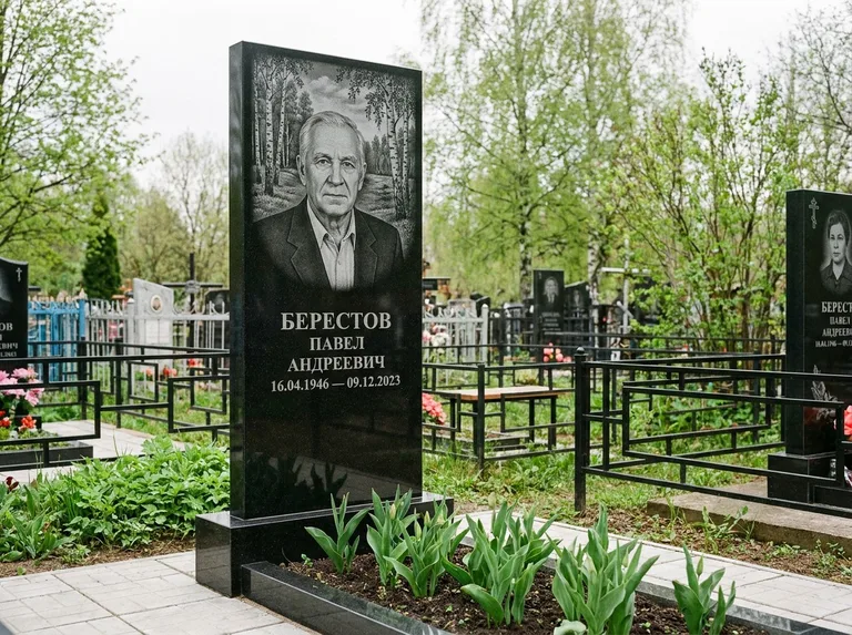 Памятник с гравировкой берёзы — гравировка берёзовой рощи в глубину, работа «Берестов» в Самаре