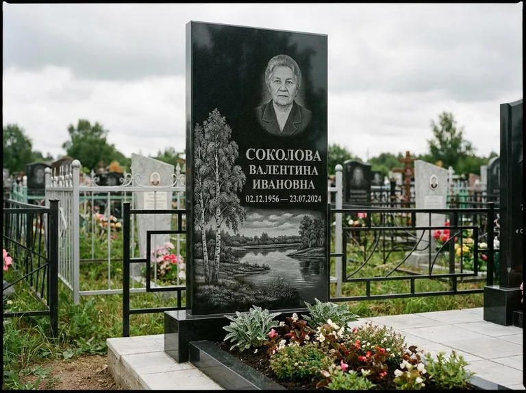 Памятник с гравировкой берёзы — гравировка берёзы у зеркального озера, работа «Соколова» в Самаре
