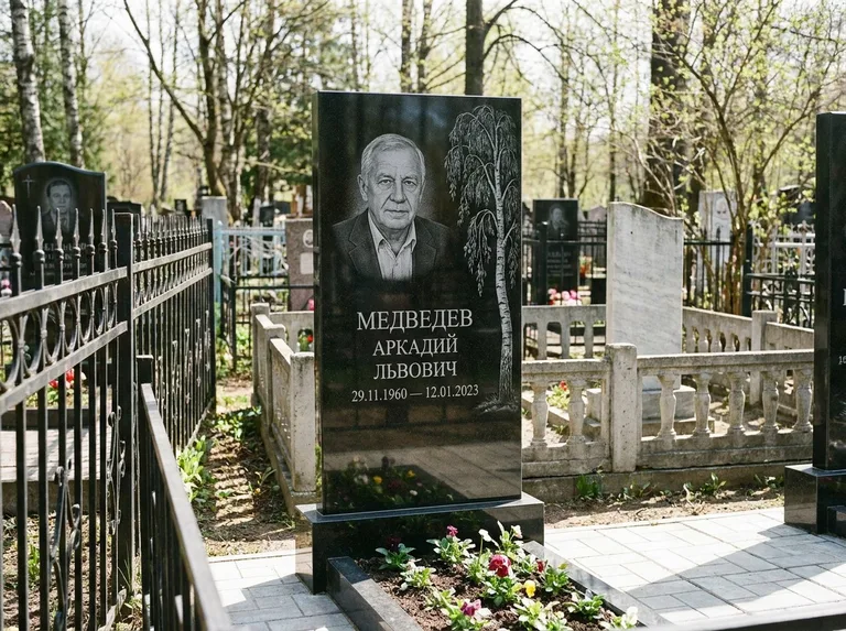 Памятник с гравировкой берёзы — гравировка плакучей берёзы с тонкими ветвями, работа «Медведев» в Самаре
