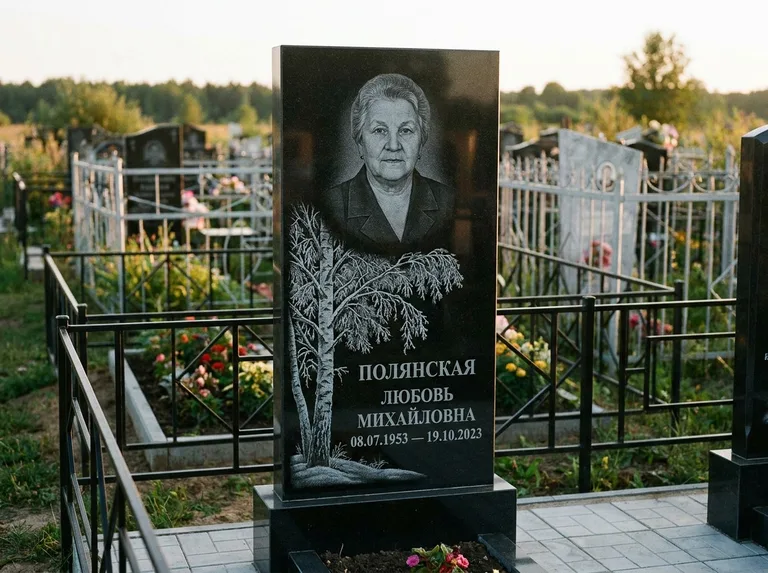 Памятник с гравировкой берёзы — гравировка зимней берёзы в инее, работа «Полянская» в Самаре