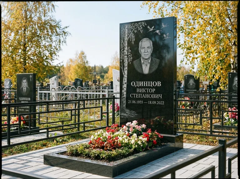 Памятник с гравировкой берёзы — гравировка берёзы с журавлиным клином в небе, работа «Одинцов» в Самаре