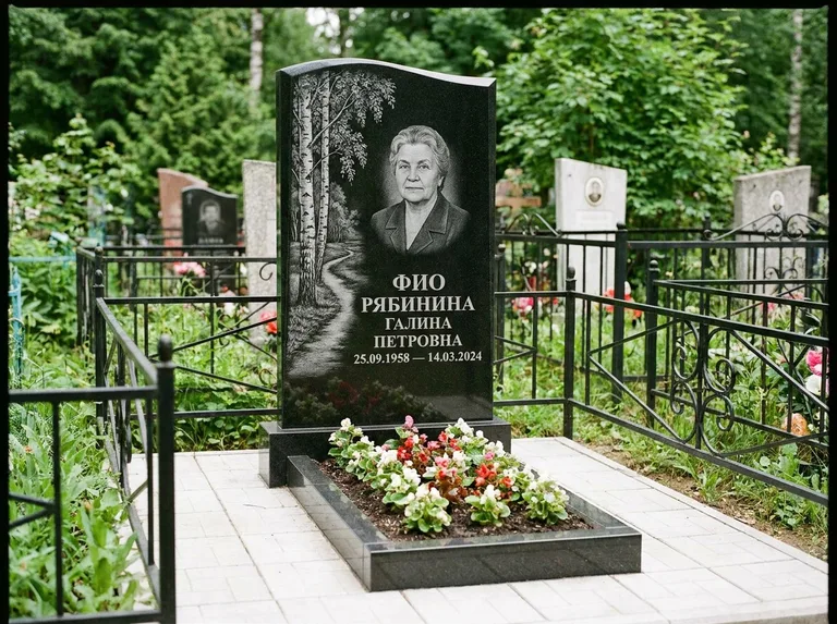 Памятник с гравировкой берёзы — гравировка берёзы у тропинки, уходящей вдаль, работа «Рябинина» в Самаре