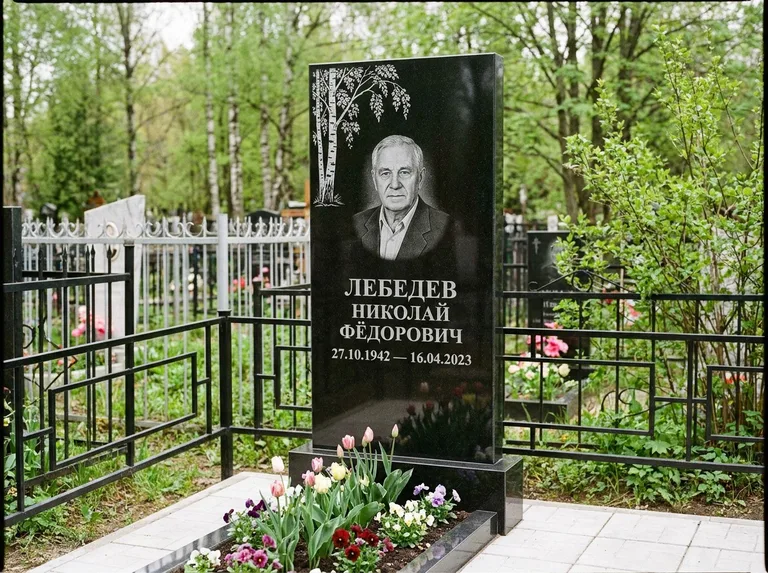 Памятник с гравировкой берёзы — гравировка одинокой берёзы над именем, работа «Лебедев» в Самаре