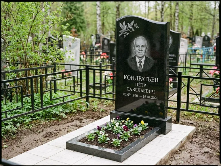 Памятник с гравировкой голубей — гравировка пары голубей на ветке в верхнем углу стелы, работа «Кондратьев» в Самаре