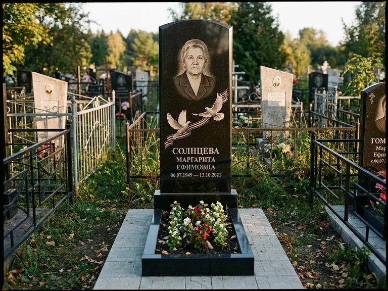 Памятник с гравировкой голубей — гравировка двух летящих голубей с лентой по диагонали стелы, работа «Солнцева» в Самаре