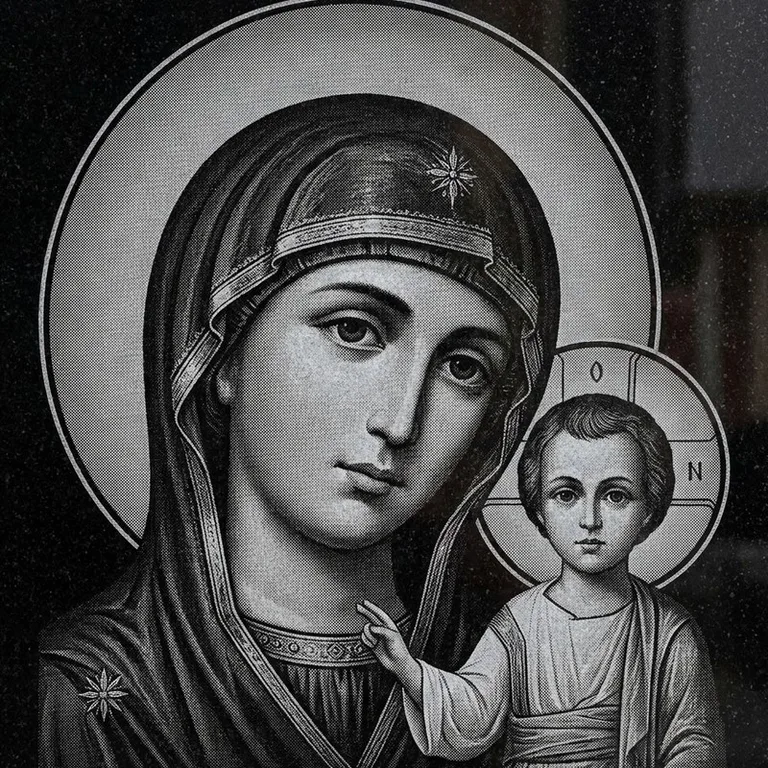 Эскиз иконы: Казанская (полутон) — детальный образ Богородицы, гравировка на памятник в Самаре