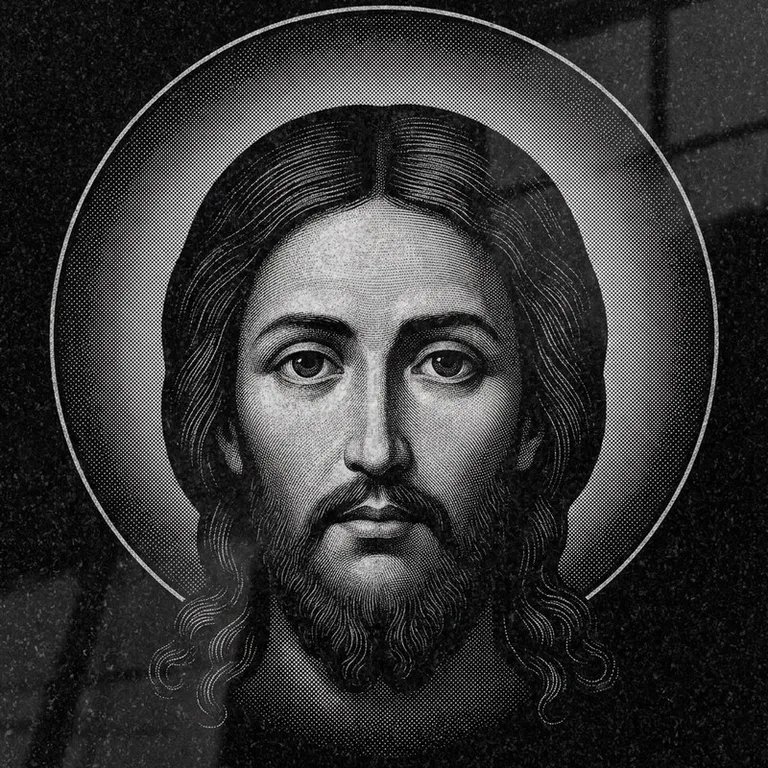 Эскиз иконы: Спас Нерукотворный (полутон) — детальный лик на убрусе, гравировка на памятник в Самаре