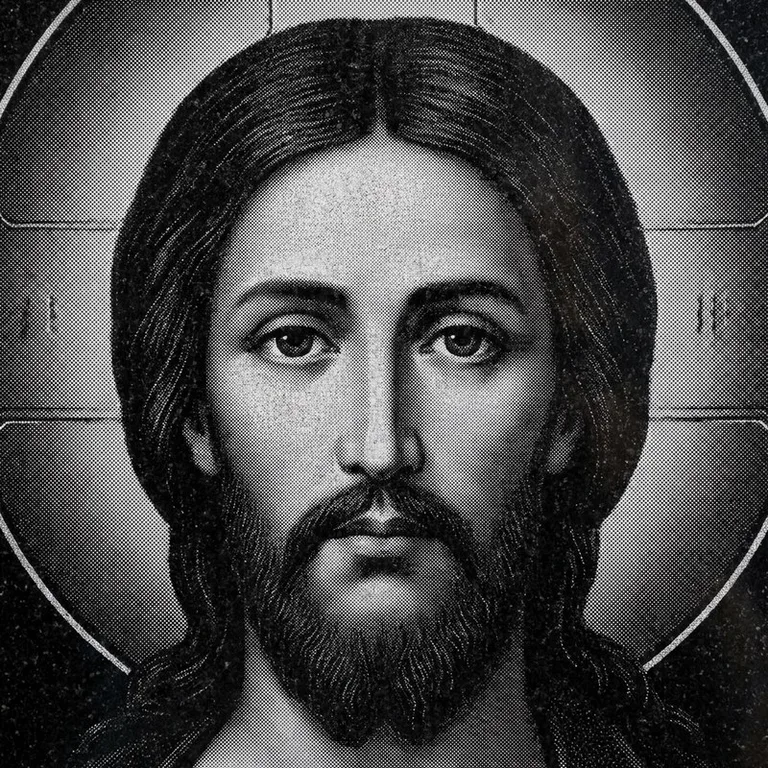 Эскиз иконы: Спас Вседержитель (полутон) — объёмный лик, светотень, гравировка на памятник в Самаре
