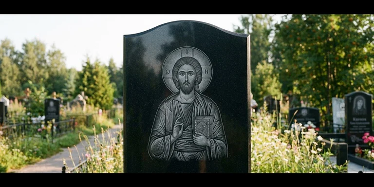 Иконы для гравировки на памятник в Самаре — образ на стеле из чёрного гранита с ручной доводкой лика