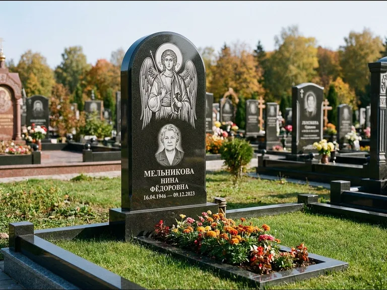 Памятник с гравировкой иконы — икона над портретом усопшего, работа «Журавлёв» в Самаре