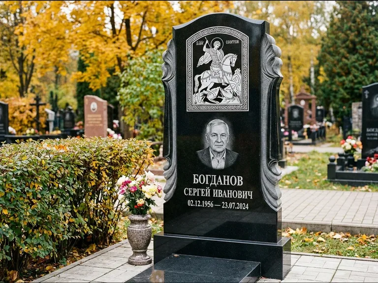 Памятник с гравировкой иконы — икона Спаса Вседержителя над именем усопшего, работа «Лебедева» в Самаре