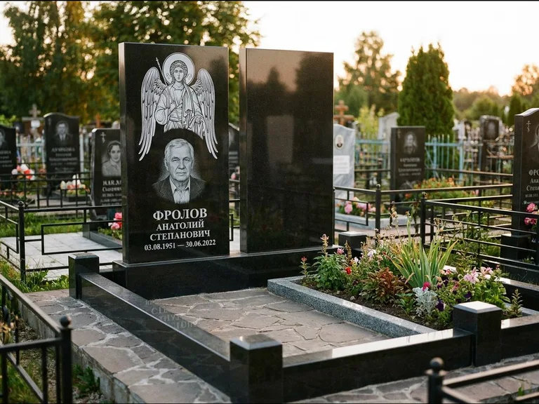 Памятник с гравировкой иконы: стела с резной рамкой вокруг иконы — Архангел Михаил на стеле, белая мраморная крошка с бордюром, работа «Богданова» в Самаре