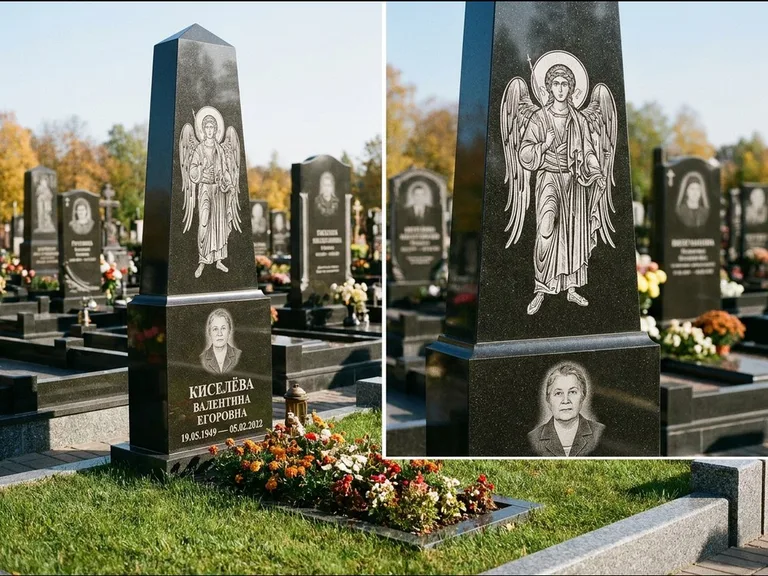 Памятник с гравировкой иконы: асимметричная скошенная стела — гравировка образа Спасителя, живая изгородь из кустарника, работа «Третьяков» в Самаре