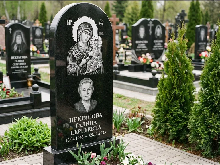 Памятник с гравировкой иконы: фигурная стела с киот-нишей под икону — икона в резной рамке-киоте, светлая гравийная отсыпка, работа «Журавлёв» в Самаре
