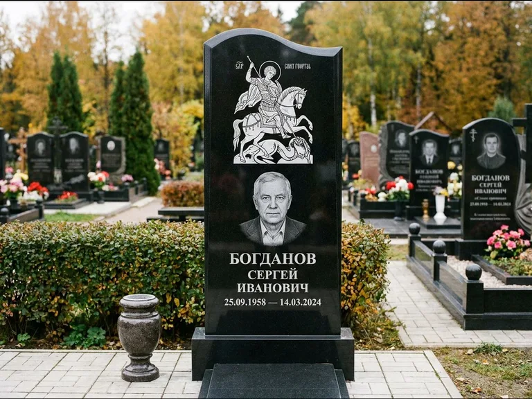Памятник с гравировкой иконы: монументальный семейный мемориал из двух стел на общем цоколе — гравировка Николая Чудотворца, мощёная гранитная площадка без ограды, работа «Раевская» в Самаре