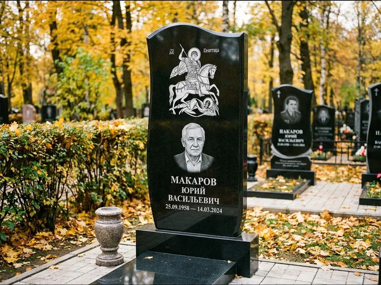 Памятник с гравировкой иконы — икона над портретом усопшего, работа «Раевская» в Самаре