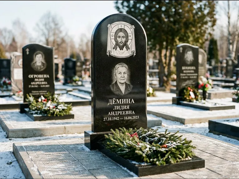 Памятник с гравировкой иконы — икона Спаса Вседержителя над именем усопшего, работа «Ковалёв» в Самаре
