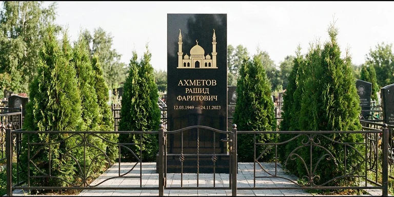 Гравировка мечети на памятник в Самаре — стела из чёрного гранита, оформление по канонам ислама