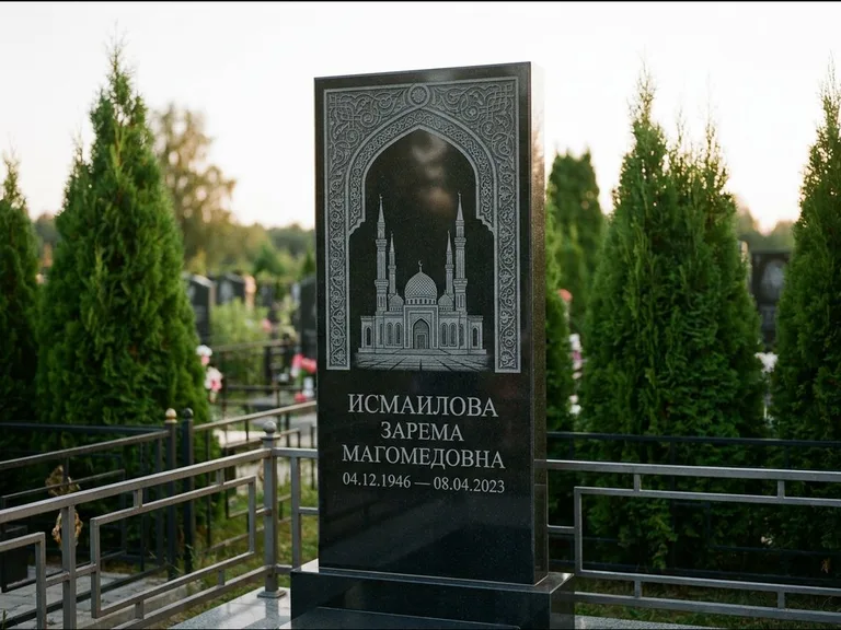 Мусульманский памятник с гравировкой мечети — мечеть в восточной арке с орнаментом, работа «Исмаилова» в Самаре