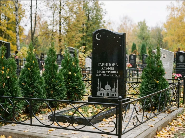 Мусульманский памятник с гравировкой мечети — мечеть с луной в ночном небе, работа «Гарипова» в Самаре