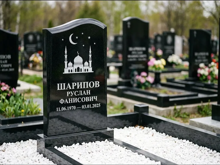 Мусульманский памятник с гравировкой мечети: стела с волнообразным скошенным верхом — гравировка мечети под полумесяцем и звёздами, белая мраморная крошка с бордюром, работа «Шарипов» в Самаре
