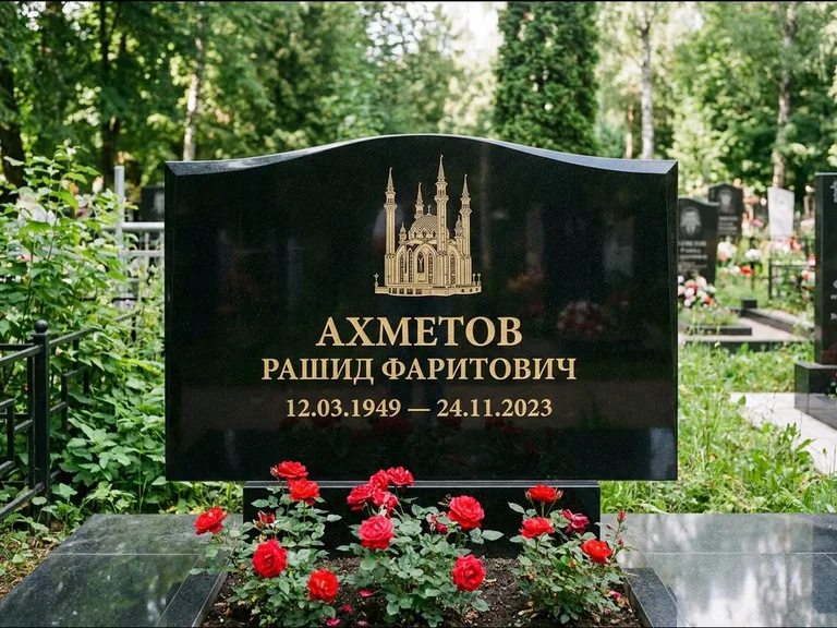 Мусульманский памятник с гравировкой мечети: широкая двойная семейная стела — золочёная гравировка мечети, цветник с красными розами, работа «Ахметов» в Самаре