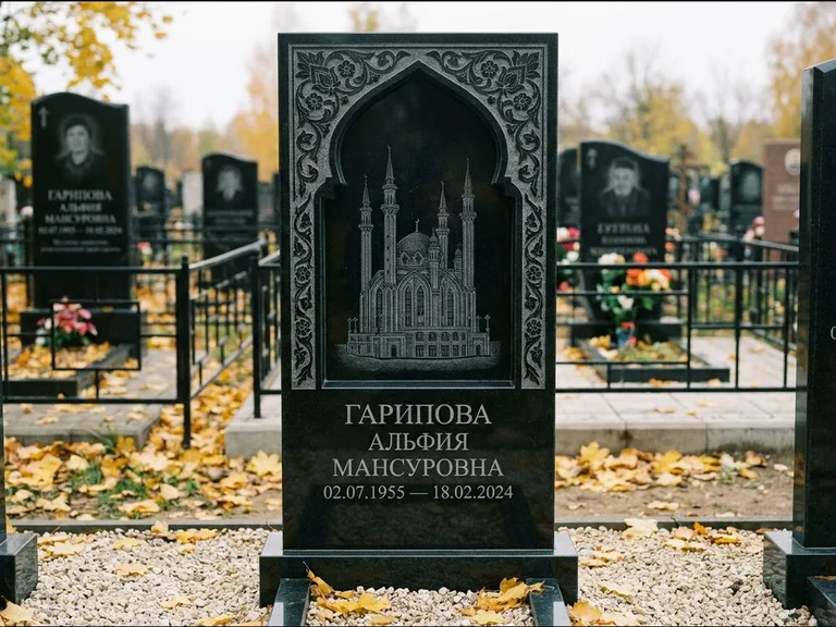 Мусульманский памятник с гравировкой мечети: фигурная стела с михраб-нишей — гравировка мечети в михраб-арке с орнаментом, светлая гравийная отсыпка, работа «Гарипова» в Самаре