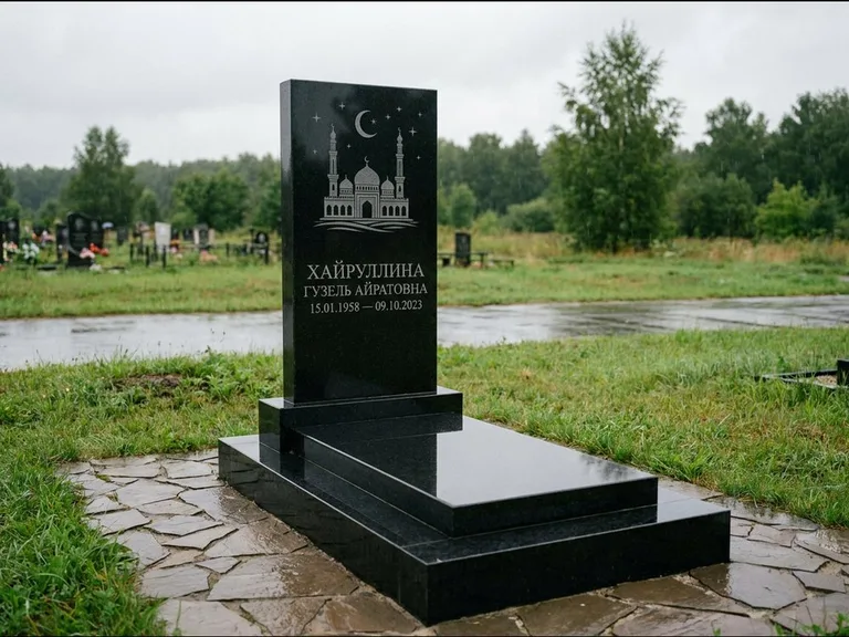 Мусульманский памятник с гравировкой мечети: ступенчатая двухуровневая стела — гравировка мечети под полумесяцем и звёздами, каменная дорожка из плитняка, работа «Хайруллина» в Самаре