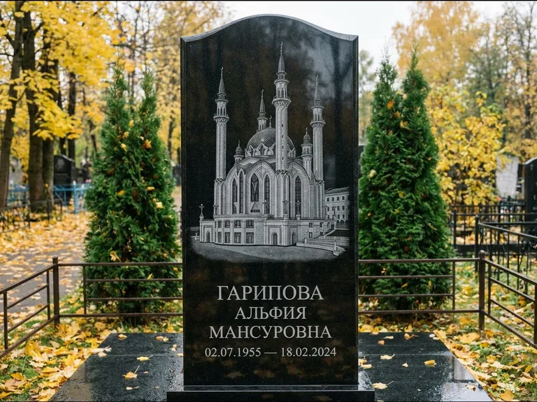 Мусульманский памятник с гравировкой мечети — мечеть Кул-Шариф на обороте стелы, работа «Гарипова» в Самаре