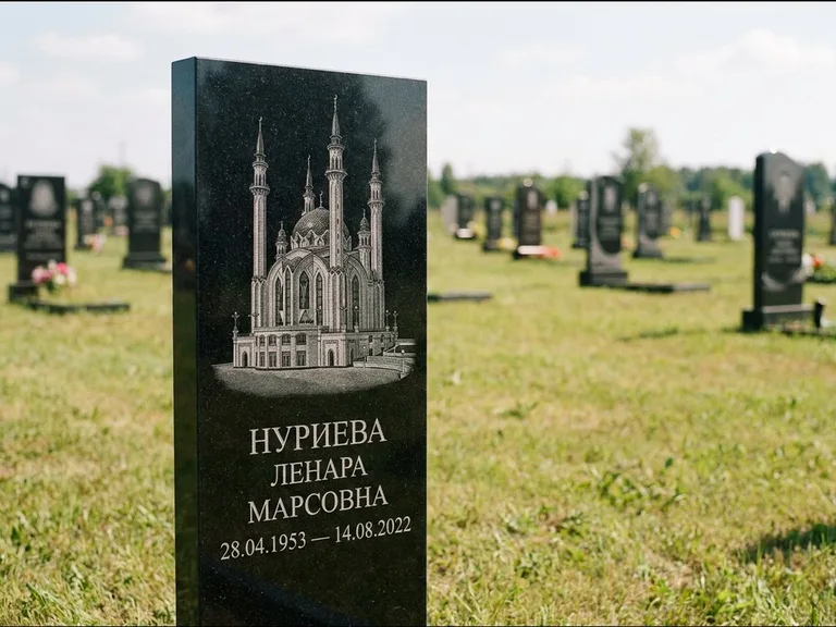 Мусульманский памятник с гравировкой мечети: узкая вертикальная стела-пилон — гравировка мечети в михраб-арке с орнаментом, открытая лужайка без ограды, работа «Хайруллина» в Самаре