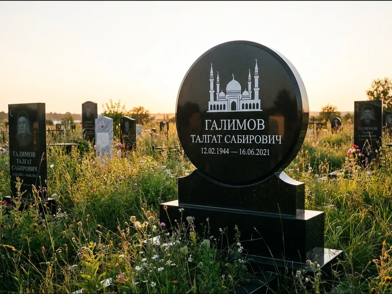 Мусульманский памятник с гравировкой мечети: округлая стела-медальон на тумбе — гравировка мечети в михраб-арке с орнаментом, луговые травы и полевые цветы, работа «Каримов» в Самаре