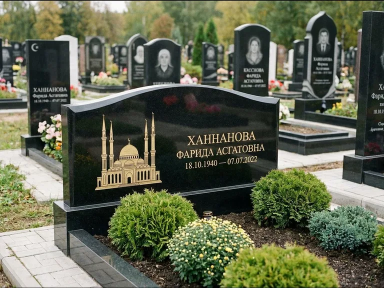 Мусульманский памятник с гравировкой мечети: вытянутая горизонтальная семейная стела с аркой — белая гравировка силуэта мечети с минаретами, участок с декоративными кустами, работа «Гарипова» в Самаре